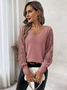 SHEIN Clasi 蕾絲拼接女式毛衣 - 藕粉色 - 查看 5
