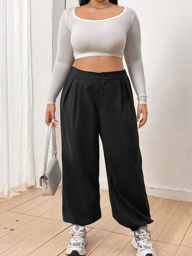 Plus Size Women'S Cropped Casual Commuting Pants With Elastic Cuffs Fall Cloth For Women