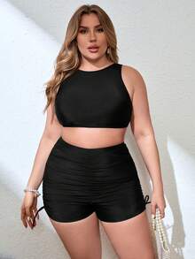 SHEIN Swim Curve 女士大码纯色褶皱比基尼套装，适合夏季海滩度假 - 黑色 - 查看 3