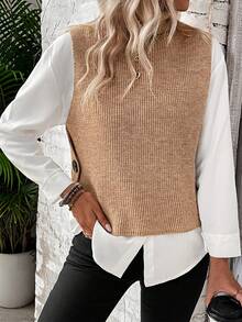 Áo len chui đầu cổ cao không tay xẻ tà màu trơn cho nữ, thường ngày cho mùa thu/đông - Màu Khaki - Xem 8