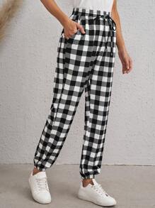 SHEIN LUNE 女士兩色格紋褲 - 黑色 - 查看 3