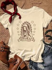 SHEIN LUNE Plus Size Virgin Mary Pattern Short Sleeve T-Shirt - Beige - View 1