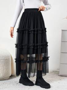 RueChic Teen Girls' Mesh Skirt With Frill Decoration - Black - View 4