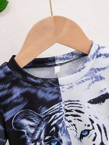 Baby Boy's Comfortable Color Block Tiger Print Short Sleeve Top And Letter Printed Shorts Set - Black and White - View 3