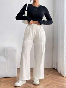 SHEIN PETITE Solid Loose Fit Pants - White - View 6