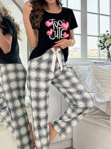 女士字母印花格紋睡衣套裝 - 黑色 - 查看 6