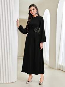 Modelyn Modest Long Lantern Sleeve Rhinestone Decoration Dress Long Evening Dresses