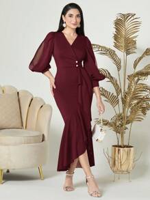 Modelyn Burgundy Red Women's Wrap Collar Lantern Sleeve Asymmetric Hem Dress - Burgundy - View 5