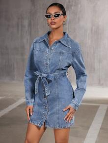 SHEIN BAE 女式腰帶牛仔襯衫連身裙 - 藍色 - 查看 5