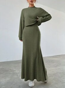 SHEIN EZwear Của phụ nữ màu trơn Đồ đan Ribbed 2 mảnh Bộ - xanh quân đội - Xem 4