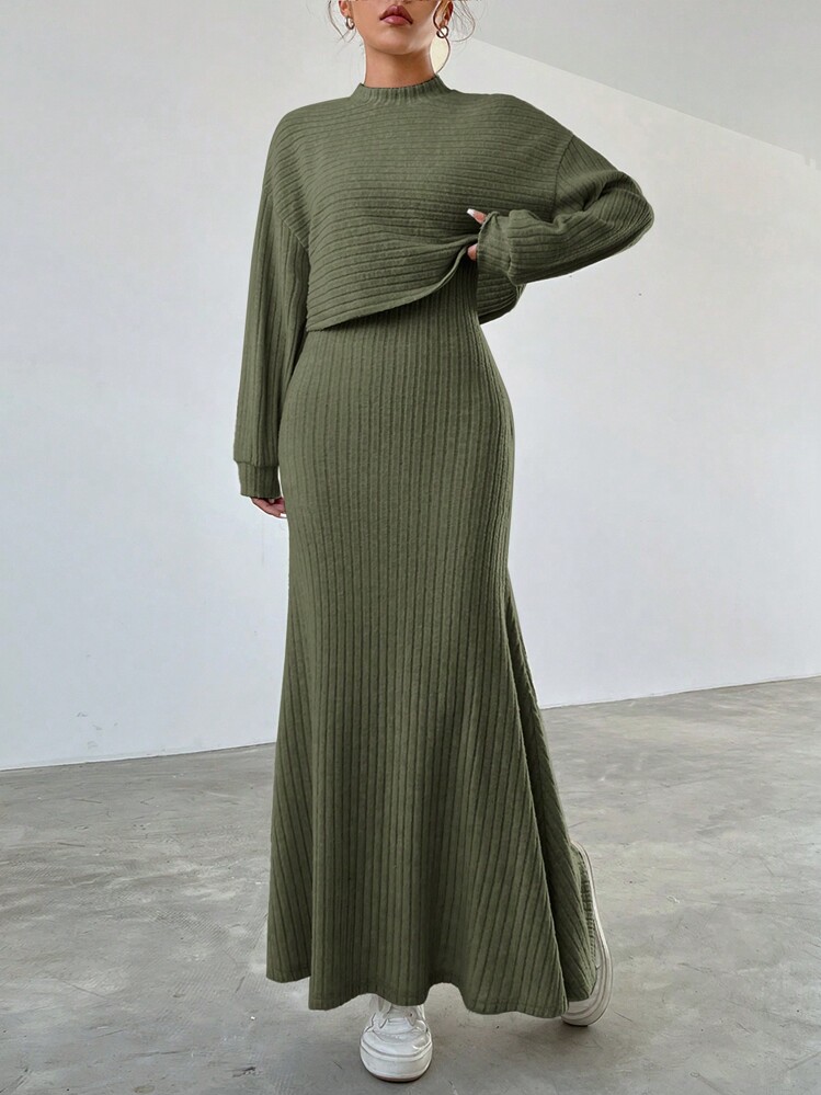 SHEIN EZwear Của phụ nữ màu trơn Đồ đan Ribbed 2 mảnh Bộ - xanh quân đội - Xem 4