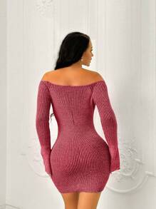 Zolique 女士離肩分裂袖修身毛衣連身裙 - 紅色 - 查看 2