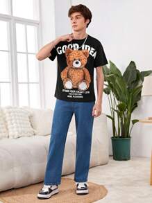 Teen Boys' Vintage Streetwear Bear Printed Short Sleeve T-Shirt And Loose Fit Pants, Casual Outfits - Multicolor - View 5