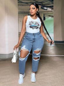 SHEIN SXY Plus Ripped Frayed Cut Out Skinny Jeans - Medium Wash - View 3