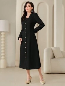 Modelyn 純色鈕扣裙 - 黑色 - 查看 3