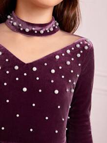 SHEIN Tween Girls' Knitted Short Plush & Beaded One-Piece Casual Dress - Dusty Purple - View 6