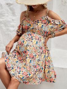 SHEIN 孕妇花卉印花露肩连衣裙 - 彩色 - 查看 3