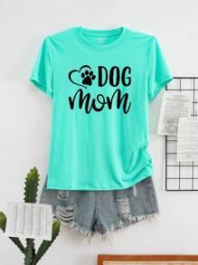 SHEIN LUNE Women's Plus Size Letter & Dog Paw Print Short Sleeve T-Shirt - Green - View 1