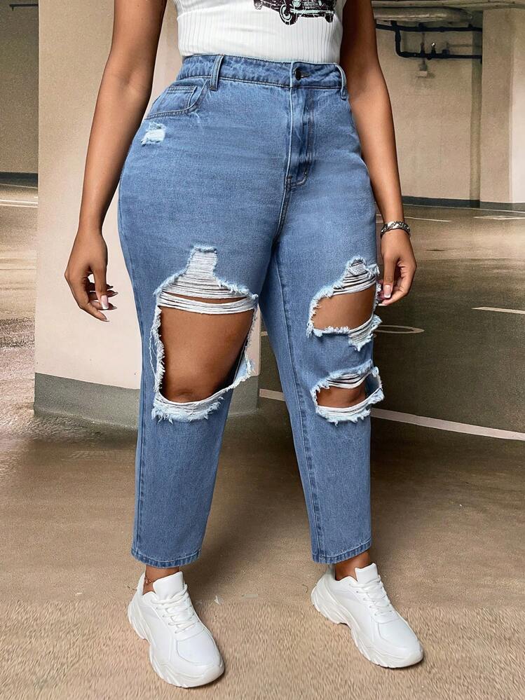 SHEIN SXY Plus Ripped Frayed Cut Out Skinny Jeans - Medium Wash - View 6