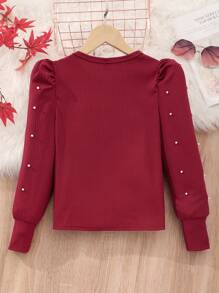 SHEIN Tween 女童純色串珠休閒 T 卹 - 紅色 - 查看 2