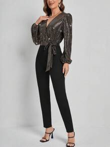 SHEIN Frenchy Women's Shiny Patchwork Lantern Sleeve Jumpsuit - Champagne - View 3