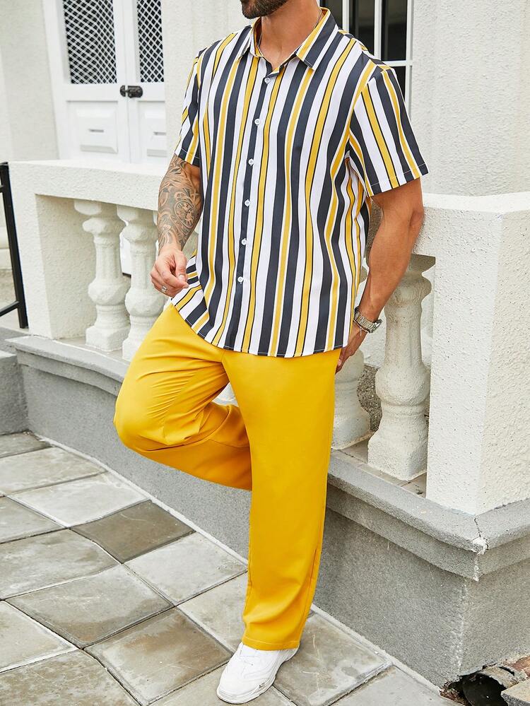 Men'S Plus Size Striped Short Sleeve Shirt And Pants Set