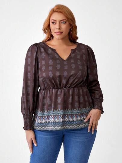 Studio Dri Artist Women's Plus Size Notched Neckline Allover Print Waist-Cinching Top, For Holiday, Vacation, Spring, Going Out, Festival, Ibiza Fits