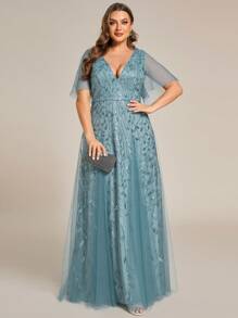 Plus Size Elegant Butterfly Sleeve Sequin Formal Dresses - Baby Blue - View 2