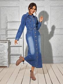 SHEIN LUNE 長袖牛仔襯衫裙(不帶腰帶),已洗水 - 中等水洗藍 - 查看 4
