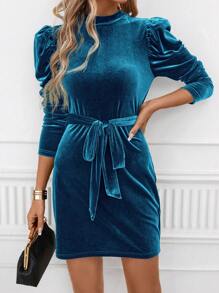 SHEIN Clasi 女士蓬蓬袖立領絲絨連衣裙 - 藍色 - 查看 1