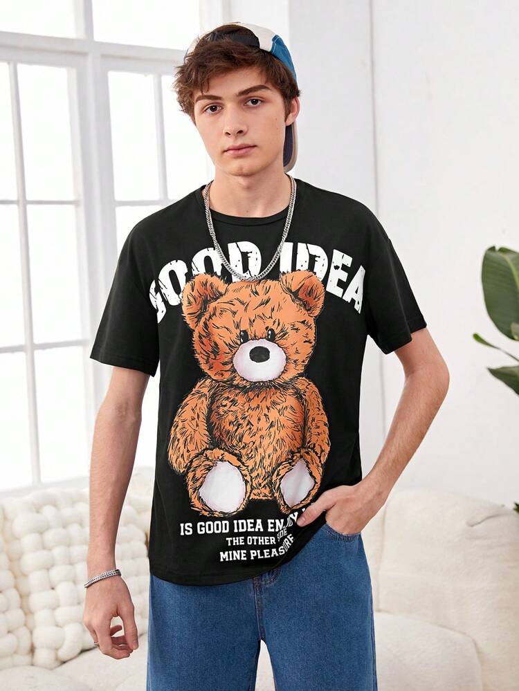 Teen Boys' Vintage Streetwear Bear Printed Short Sleeve T-Shirt And Loose Fit Pants, Casual Outfits