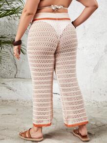 SHEIN Swim Curve Pantalones de punto tipo cubrecosturas de talla grande para mujer con detalles de recortes en contraste y calados, aptos para bodas de verano - Multicolor - Ver 2