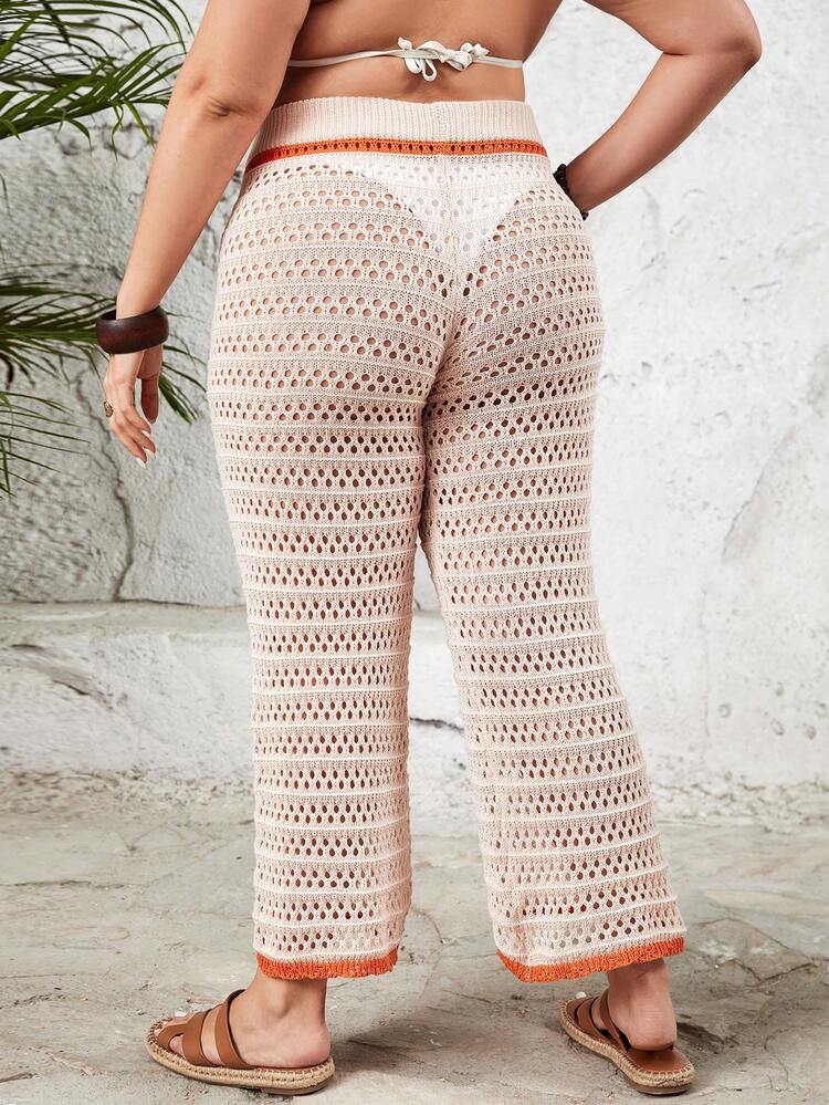 Summer Plus Size Women'S Knitted Cover Up Pants With Contrast Trim And Hollow Out Details Wedding