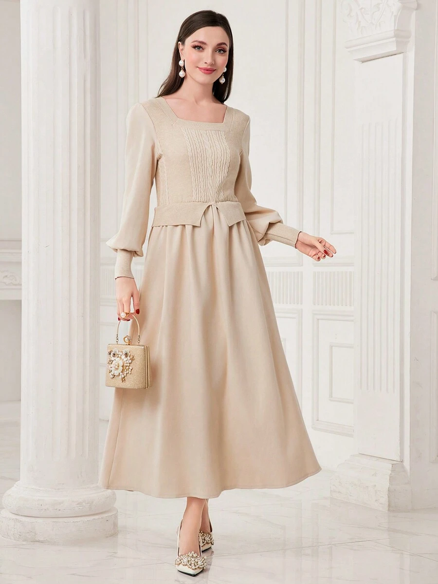 Modelyn Cổ vuông Tay áo lồng đèn Đầm - Màu be - Xem 1