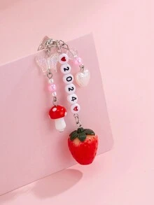 ROMWE Kawaii 1pc Sweet And Cute Style 2024 Beaded Strawberry, Mushroom, Butterfly & Tassel Pendant Keychain - Multicolor - View 3
