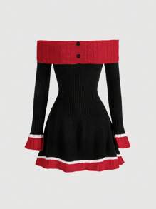 SHEIN MOD 女性色彩對比露肩飄逸袖毛衣裙