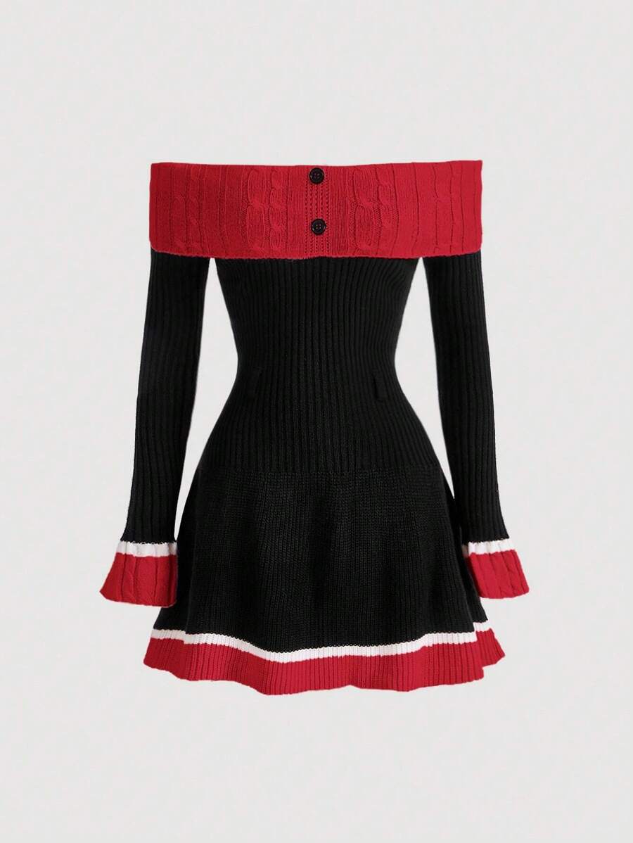 SHEIN MOD 女性色彩對比露肩飄逸袖毛衣裙