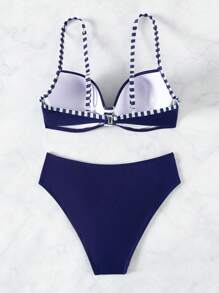 SHEIN Swim 彩色條紋泳衣套裝,帶有荷葉邊細節 - 藏蓝色 - 查看 6