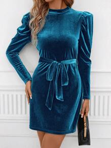 SHEIN Clasi 女士蓬蓬袖立領絲絨連衣裙 - 藍色 - 查看 5