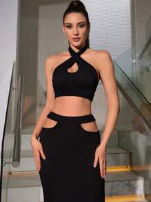 Zolique 2 cái/bộ Top Cây trồng Với Dây Và Rỗng ra eo Váy - màu đen - Xem 1