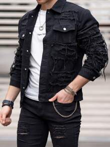 Manfinity LEGND Áo khoác denim viền thô có tua rua dành cho nam, Chất liệu cotton tối màu trơn màu đen thời trang dành cho bạn bè - màu đen - Xem 3