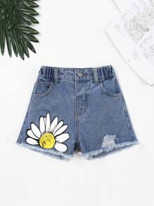 Little Girls' Floral Print Distressed Frayed Edge Denim Shorts - Light Wash - View 1