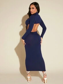 SHEIN SXY Women's Knitted Backless Dress - Navy Blue - View 2