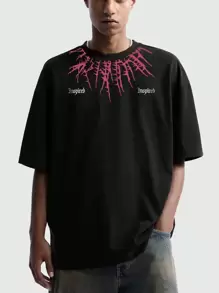 ROMWE MEN Academia 男士對比領刺繡圖案印花t卹 - 黑色 - 查看 1