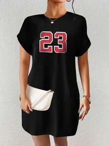 SHEIN EZwear Round Neck Number Printed Dress - Black - View 3