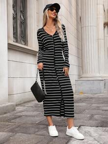 SHEIN LUNE Women's Striped Casual Dress - Black and White - View 3