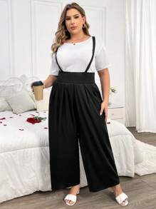 Franclia Salopette Pantalone Largo Jumpsuit A Gambale Largo Tinta Unita Taglie Forti - nero - Visualizzare 6