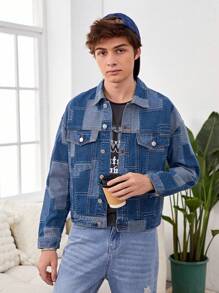 Teenage Boys' Street Style Patchwork Denim Jacket - Multicolor - View 5