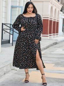 Dazy Plus 大码优雅碎花连衣裙，收腰设计，侧开衩，荷叶边，秋季度假装扮女装 - 黑色 - 查看 7
