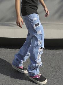 Manfinity Roghcode Jeans Casuales Sueltos Para Hombre, Rasgados - Lavado ligero - Ver 7